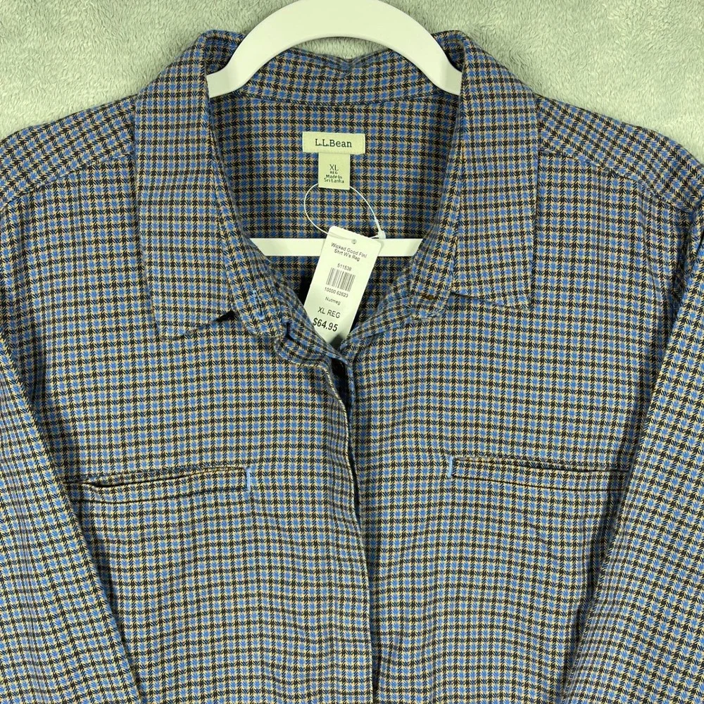 L.L. Bean Wicked Good Flannel Shirt Men‎ XL Nutmeg Blue Brown Houndstooth New